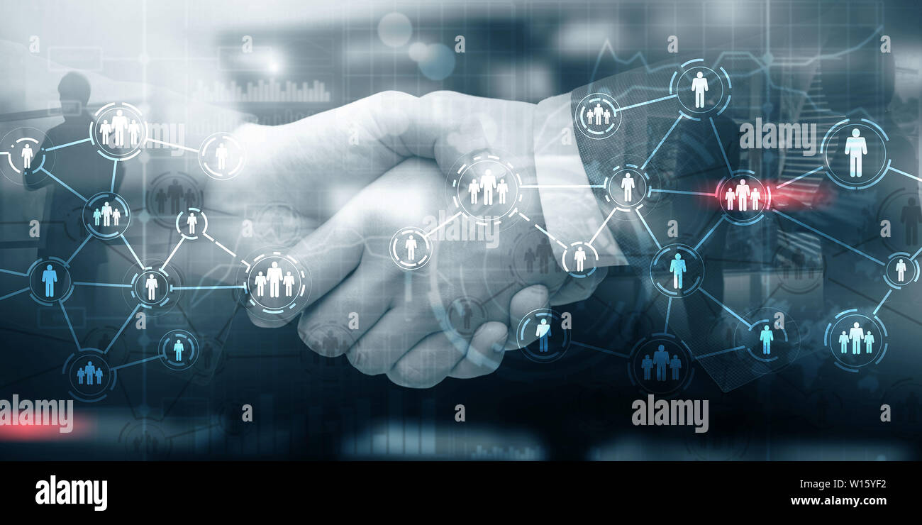 Stretta di mano. Icona di persone con connessioni di rete. Social media concetto. Foto Stock