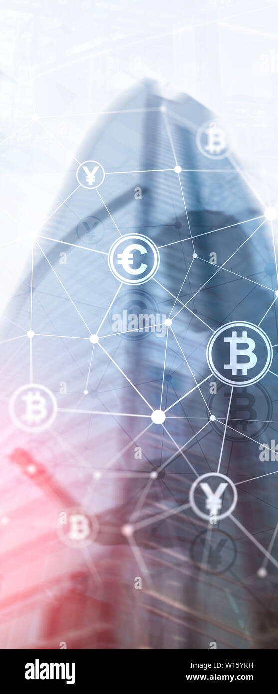 Panorama verticale Banner. Doppia esposizione e Bitcoin blockchain concetto. Economia Digitale e currency trading Foto Stock