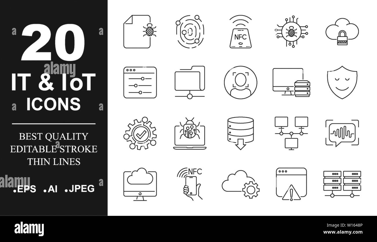 Sistema operativo vector icon set in linea sottile stile. E icone IoT, protezione delle reti. Corsa modificabile. EPS 10 Illustrazione Vettoriale