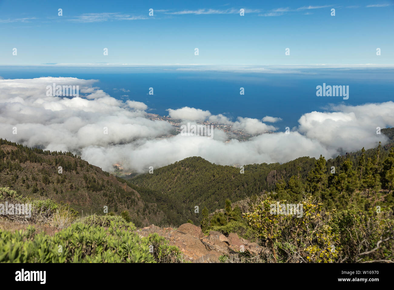 Vista panoramica a Puerto de la Cruz e della valle di Orotava. Al di sopra di wight soffici nuvole, cielo blu chiaro e piccola parte dell isola di La Palma nella linea di hor Foto Stock