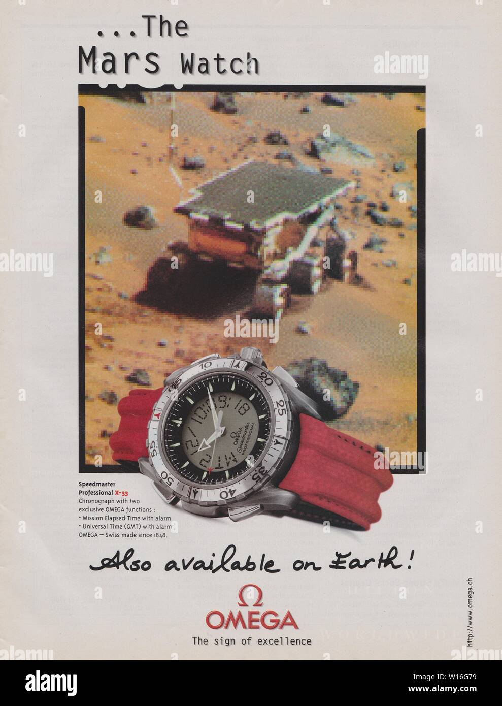 Poster pubblicitari orologio Omega, la rivista 1998, Mars Watch slogan pubblicitario, creative OMEGA annuncio da anni novanta Foto Stock