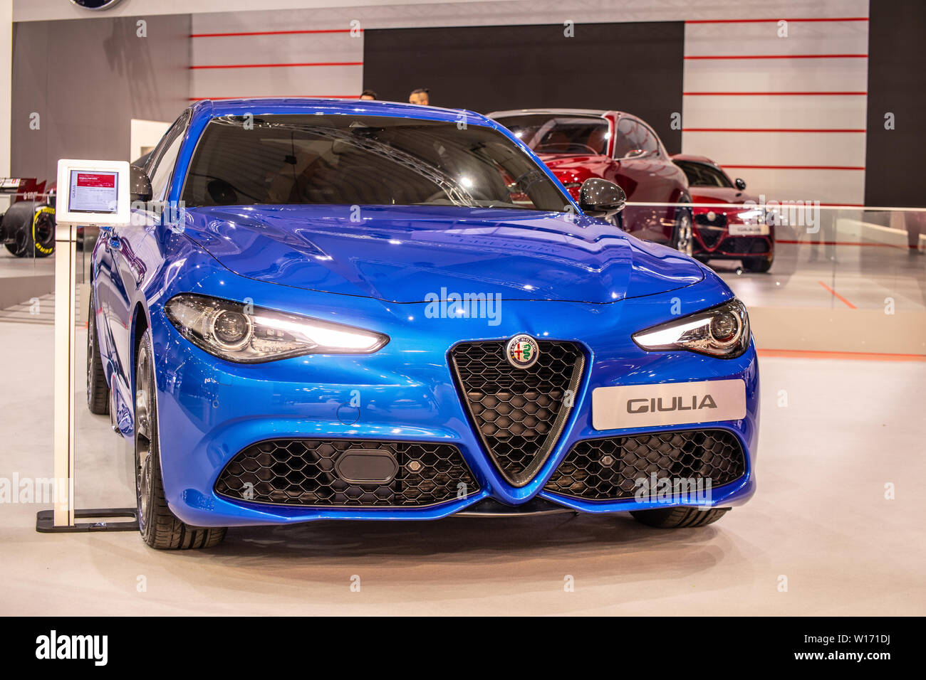Poznan, Polonia, Marzo 2019 Alfa Romeo Giulia (952), Poznan International Motor Show, Euro 6d standard di emissione, vettura prodotta dall'Italiano Alfa Romeo Foto Stock