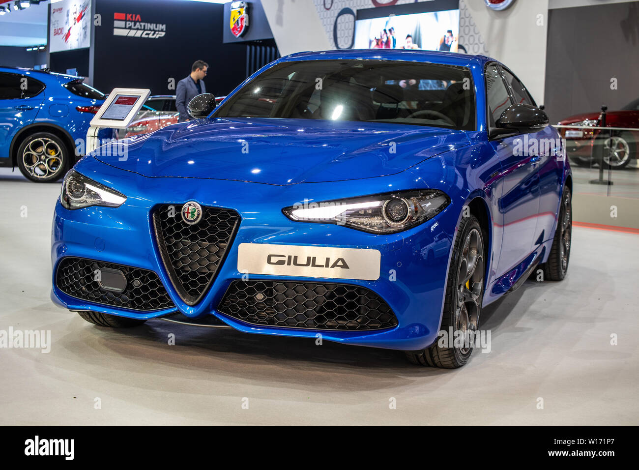 Poznan, Polonia, Marzo 2019 Alfa Romeo Giulia (952), Poznan International Motor Show, Euro 6d standard di emissione, vettura prodotta dall'Italiano Alfa Romeo Foto Stock
