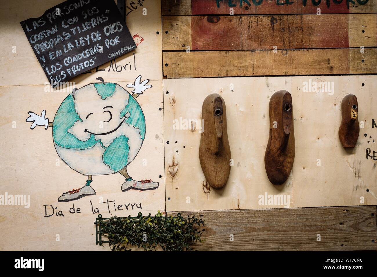 27 maggio 2019, Messico, Leon: 'Day della Terra', sta accanto a modelli di calzatura sulla sede della società Renovare, che utilizza le piante acquatiche e vecchie bottiglie di plastica per realizzare scarpe. In questo momento molti turisti dei Caraibi non perderti la perfetta vacanza in spiaggia con un sacco di alghe brune. Non importa se in Messico, Barbados o nel sud della Florida, a numerose spiagge di sogno golf tenaglie per coprire le acque cristalline e la sabbia bianca. Gli scienziati e gli imprenditori ora vuole compiere un ulteriore passo e a trovare modi per trarre beneficio dalle alghe. (Circa dpa 'SOS nei Caraibi: esperti cercano soluzioni per alghe peste") Phot Foto Stock