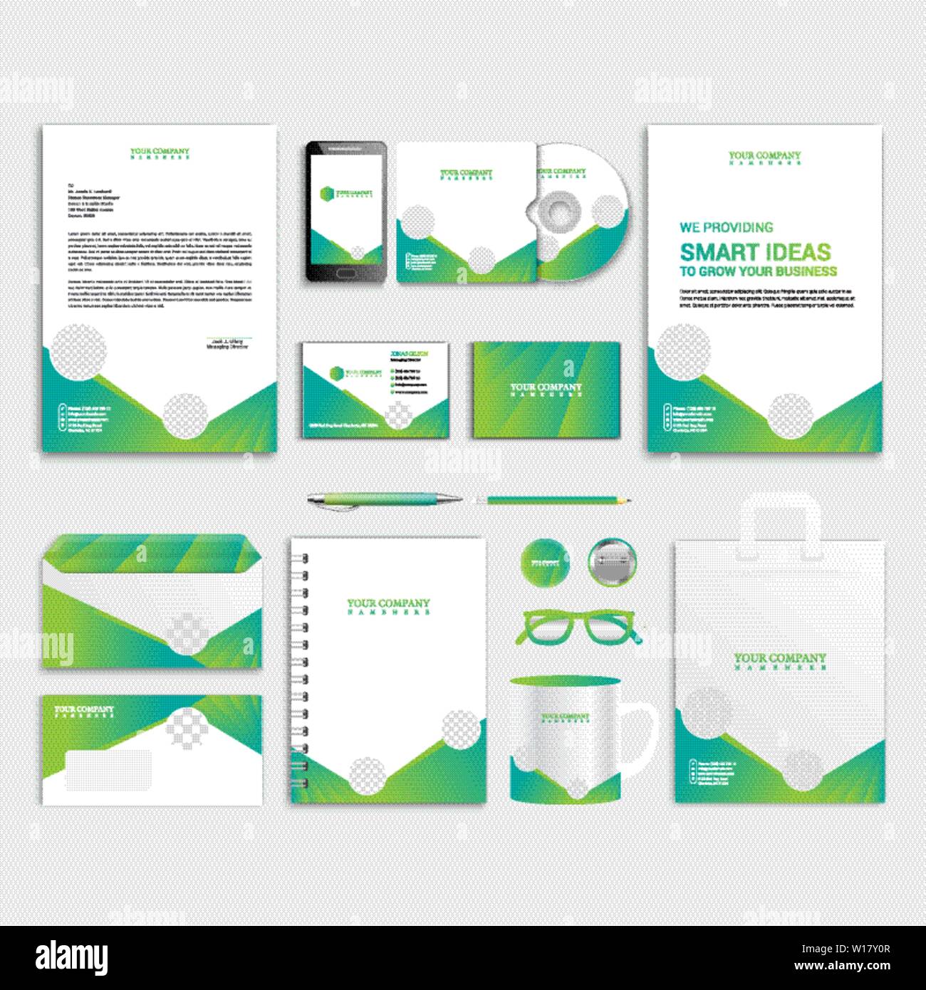 Green corporate identity design con cornice fotografica. Cancelleria per ufficio - Vettore Illustrazione Vettoriale