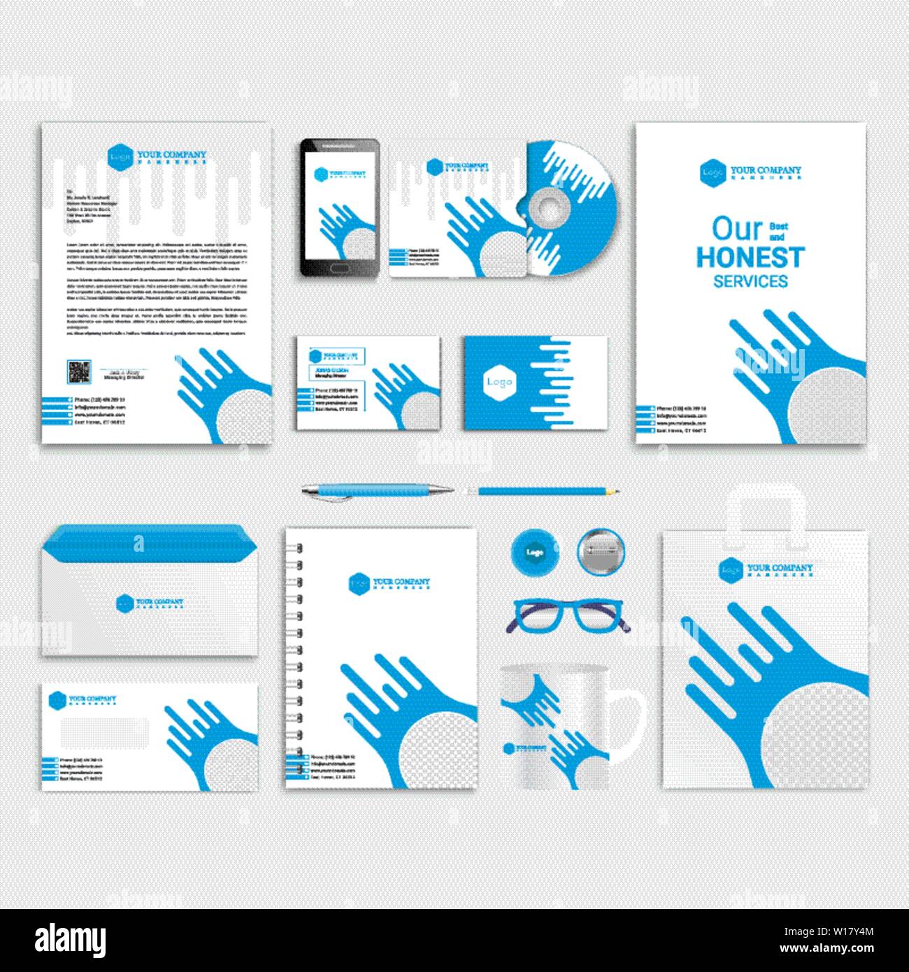 Blue corporate identity design con elementi di foto. Cancelleria per ufficio - Vettore Illustrazione Vettoriale