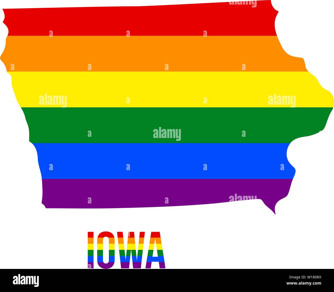 Iowa Stato mappa in LGBT bandiera arcobaleno compreso sei strisce di Iowa LGBT Testo. Bandiera compreso sei strisce; significato per ciascuno dei colori: vita, egli Illustrazione Vettoriale
