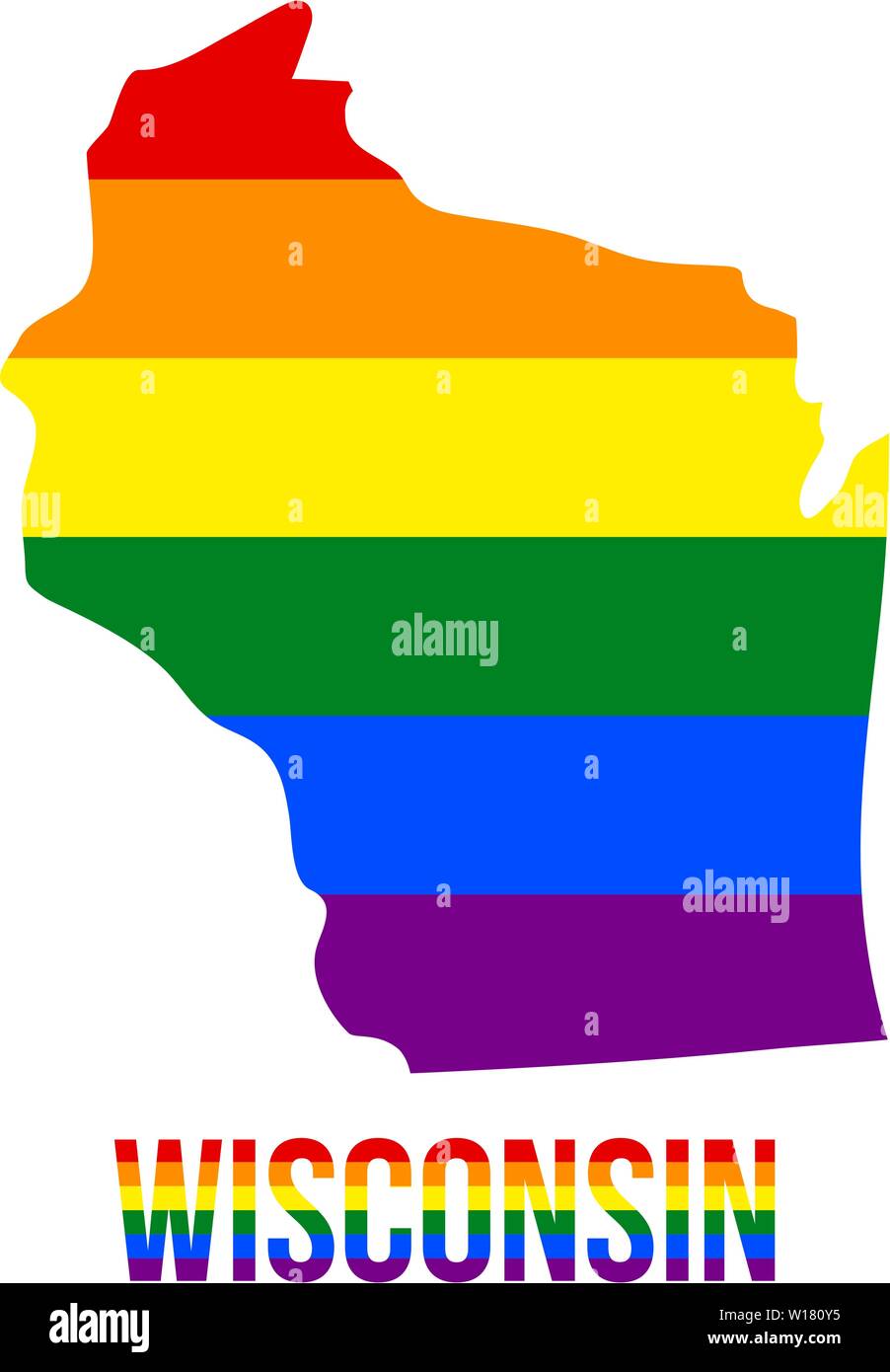 Stato del Wisconsin mappa in LGBT bandiera arcobaleno compreso sei strisce di Wisconsin testo LGBT. Bandiera compreso sei strisce; significato per ciascuno dei colori Illustrazione Vettoriale