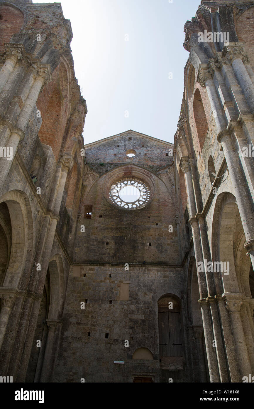 Dettaglio di un rosone in stile gotico scoperchiata abbazia di San Galgano. Chiusdino, Toscana, Italia. Colpo verticale. Foto Stock