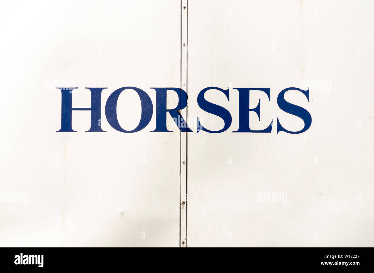 Il retro del box cavalli con la parola i cavalli in lettere blu su sfondo bianco Foto Stock