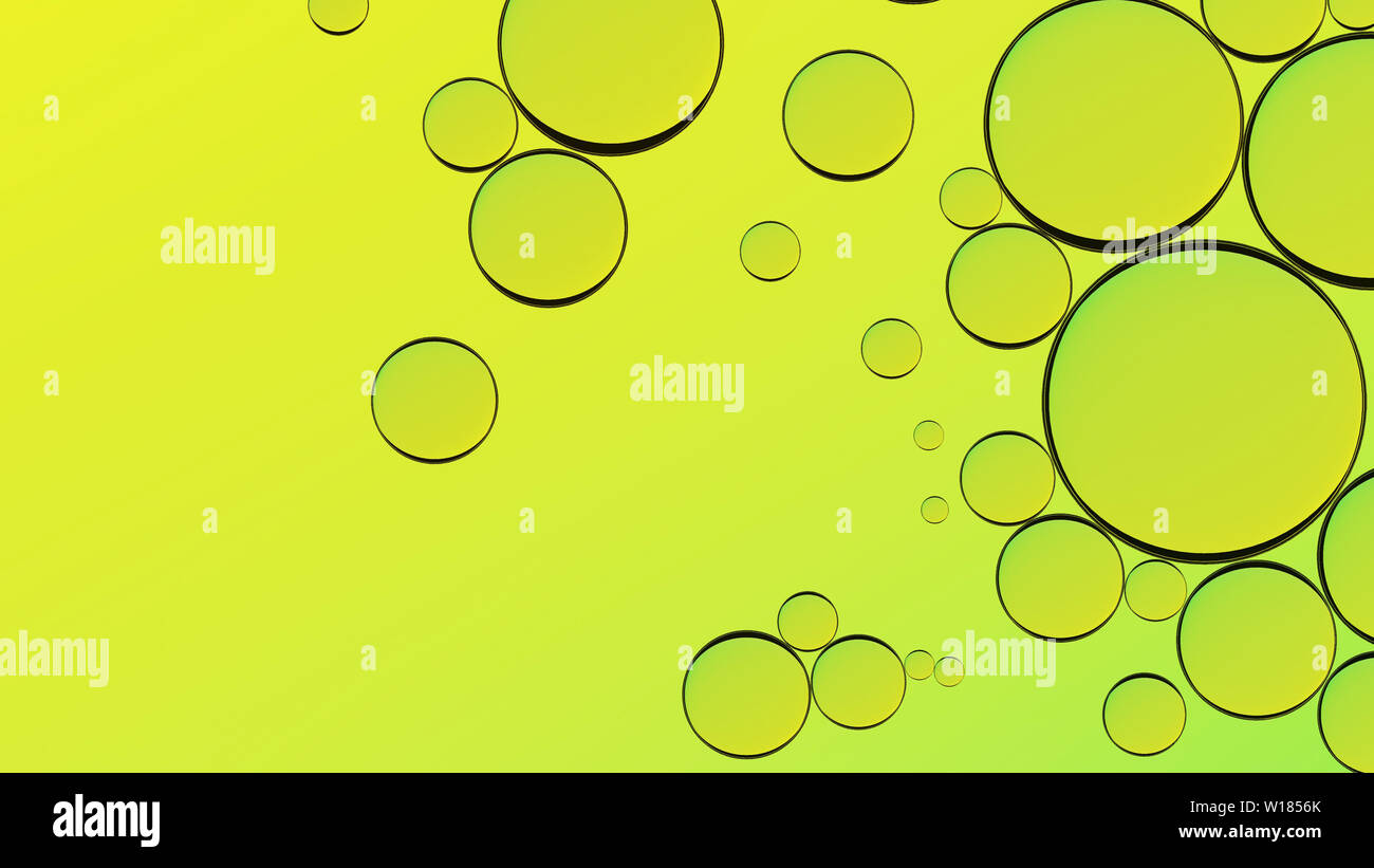 Sfondo verde. Olio d'acqua bolle disegno astratto. Liquido verde splash macro sfondo. Olio d'oliva. Foto Stock