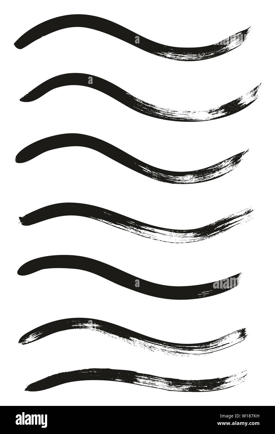 Calligraphy vernice spazzola di sottili linee ondulate ad alto dettaglio astratto sfondo vettoriale Set 01 Foto Stock
