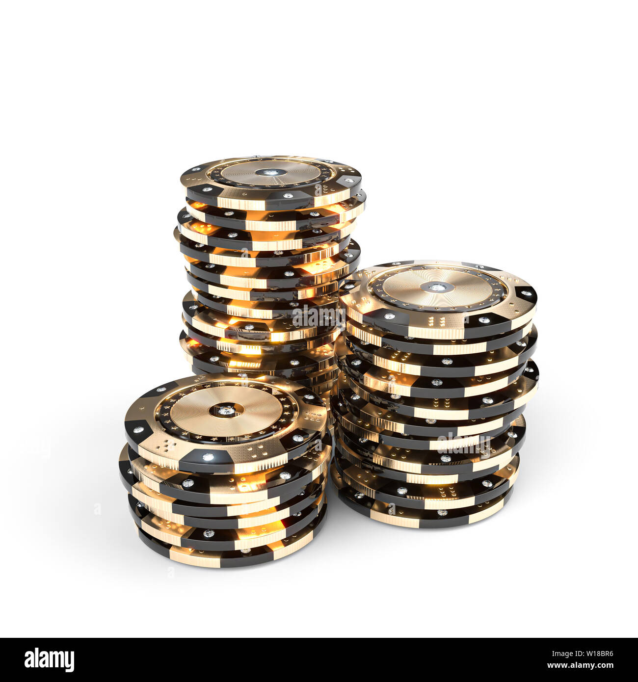 Casino chip di lusso in oro e nero con inserti in diamante su uno sfondo bianco. 3D render image Foto Stock