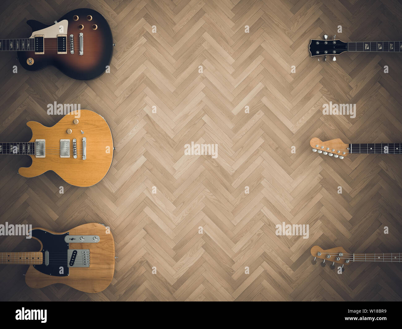 3D render image di una serie di chitarre elettriche su pavimento di legno. Piatto stile di laici. Foto Stock