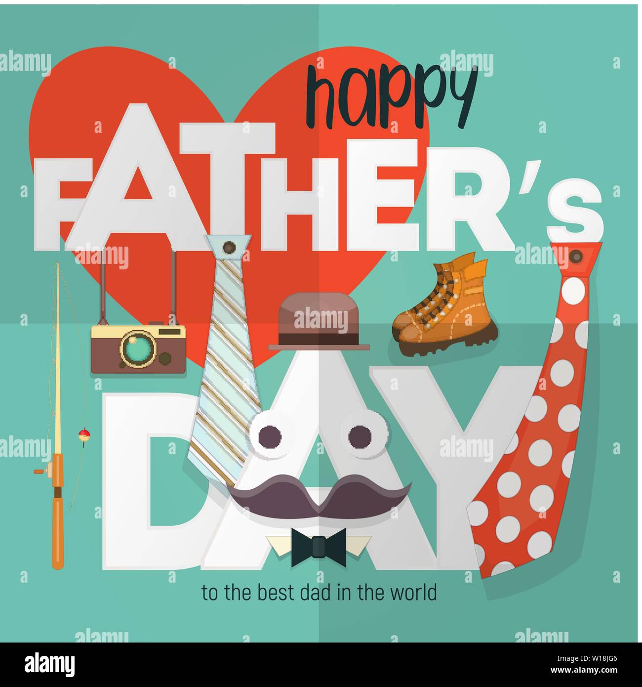 Felice Festa del papà. Biglietto di auguri Modello. Vacanze a sfondo con simboli Super papà - cravatta, cappello, stivali, baffi e Fotocamera su grandi lettere bianche Illustrazione Vettoriale