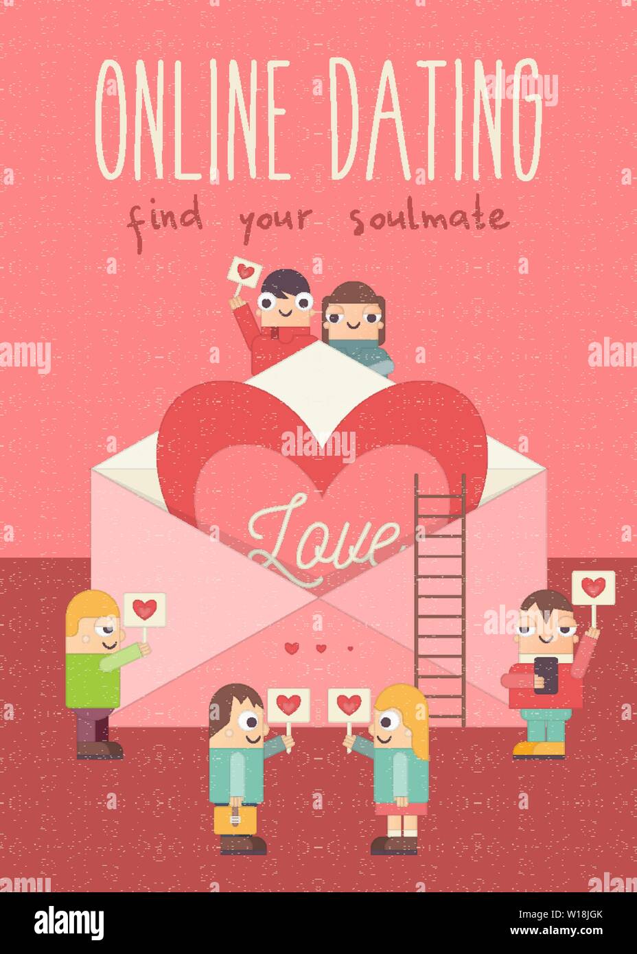 Online Dating Poster. Cartoon carino persone con cuori. Idea di Internet o rapporto remoto, matrimonio, l'amore. Grande cuore nella busta. Vector illustrat Illustrazione Vettoriale