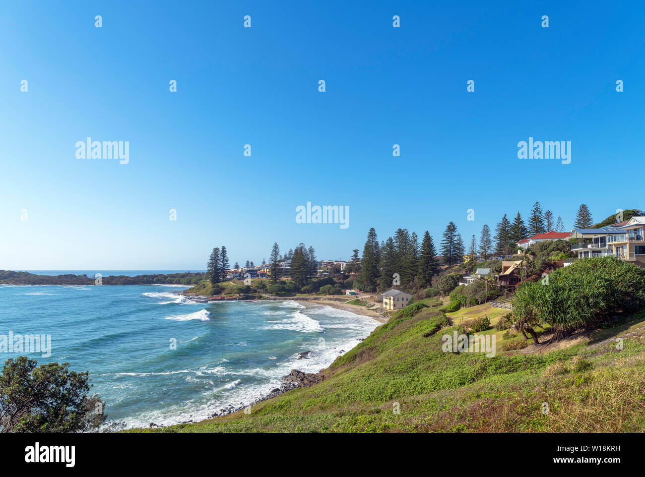 Spiaggia vista dal faro Yamba, Yamba, Nuovo Galles del Sud, Australia Foto Stock