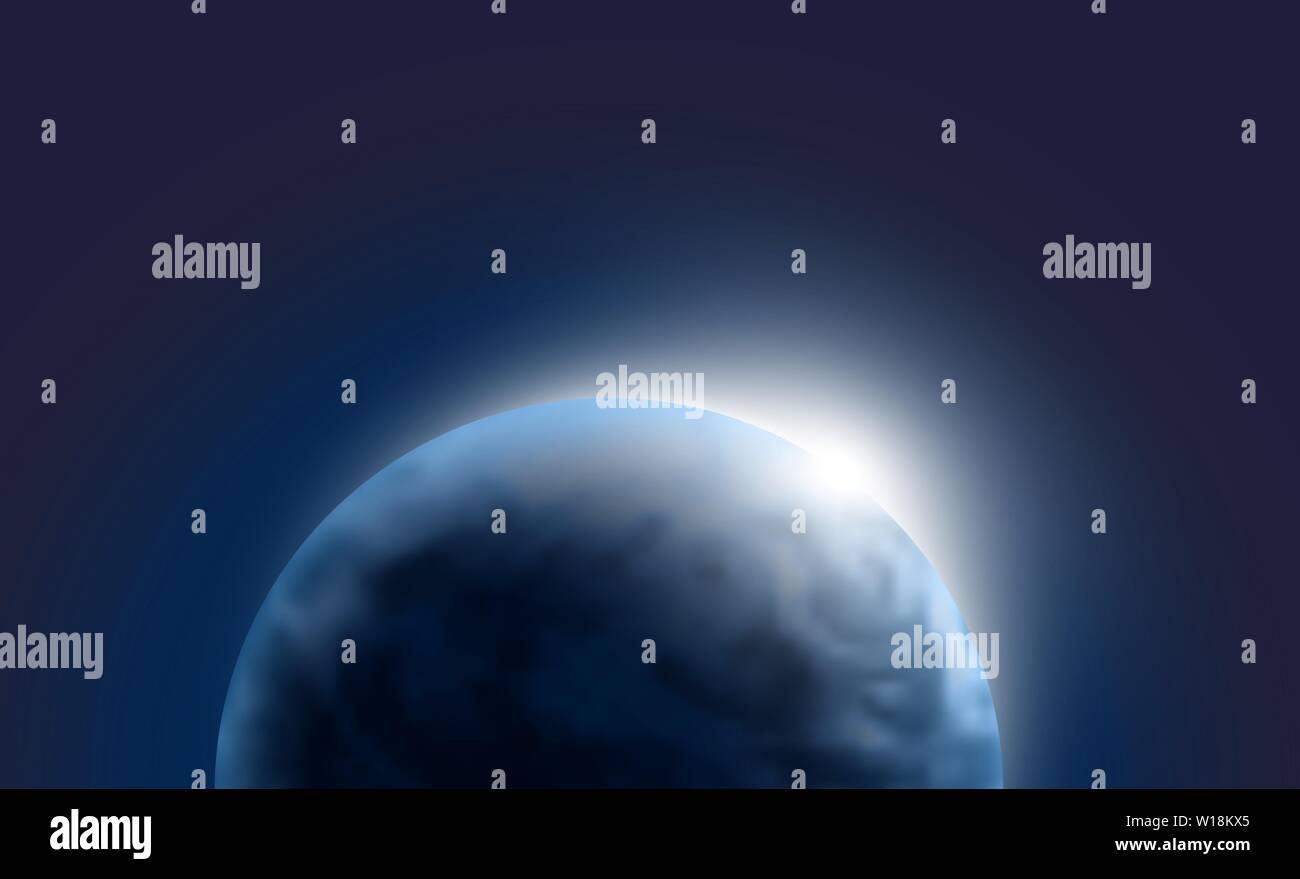Il vettore del pianeta Terra con sunrise in spazio scuro. Globo blu illustrazione dello sfondo. Astronomia Sciense sfondo. Illustrazione Vettoriale