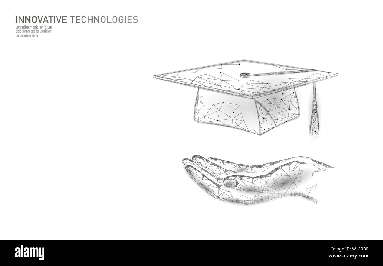 L'E-learning distanza graduate certificate concetto di programma. Bassa poli 3D render graduazione il tappo sul pianeta Terra mappa Mondo modello di pagina di intestazione. Internet Illustrazione Vettoriale