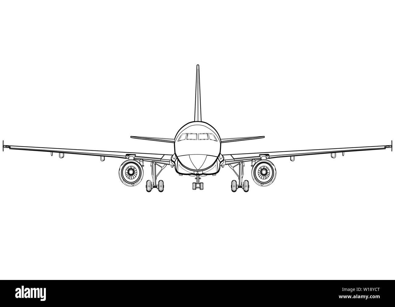 Lineare di aeromobili in bianco e nero disegno full face, piano vista frontale, icona aereo, contorno sketch, macchina volante silhouette, veicolo di colorazione, tracciata Illustrazione Vettoriale