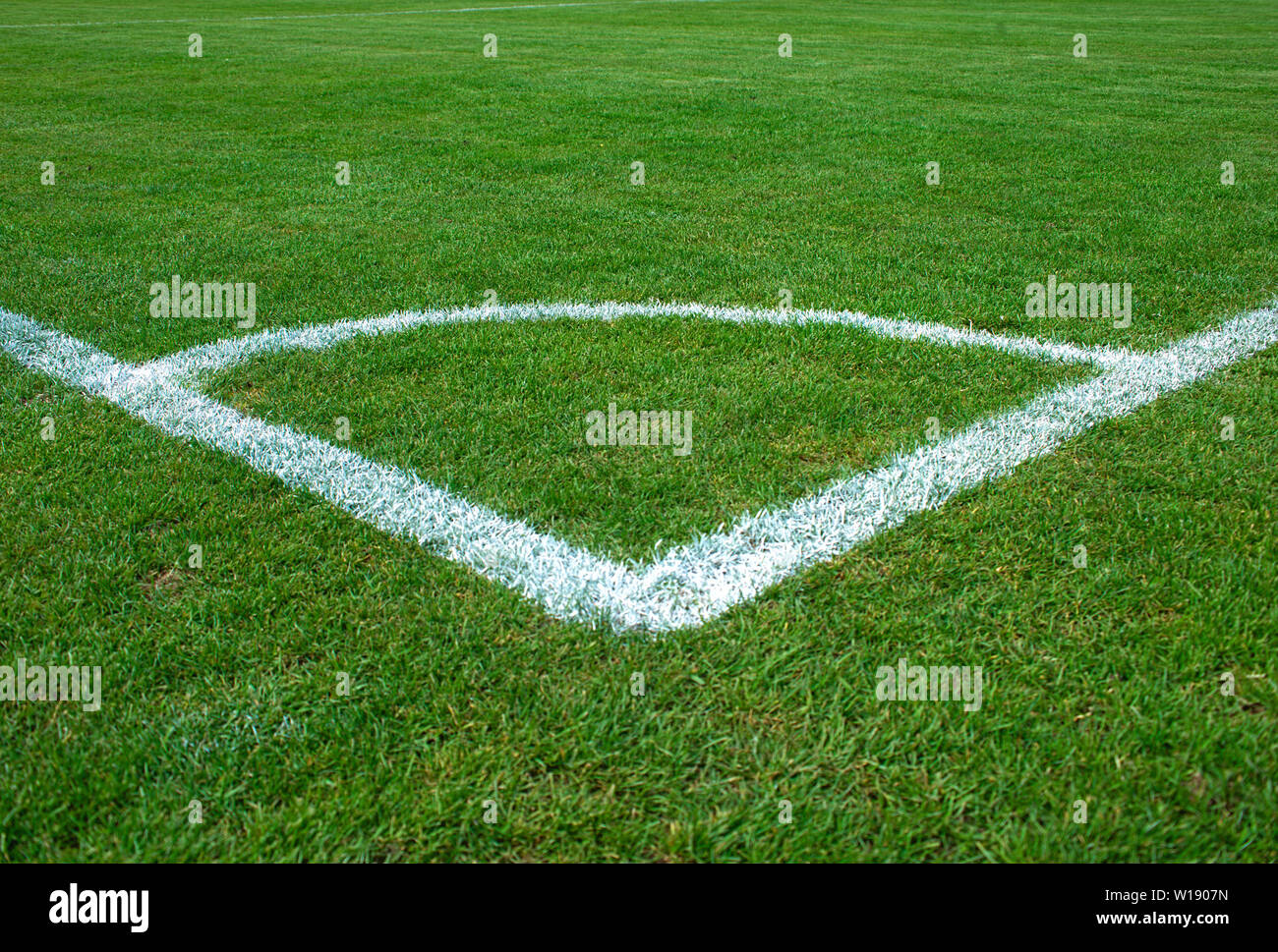Angolo bianco linee sul vuoto calcio Campo di erba Foto Stock