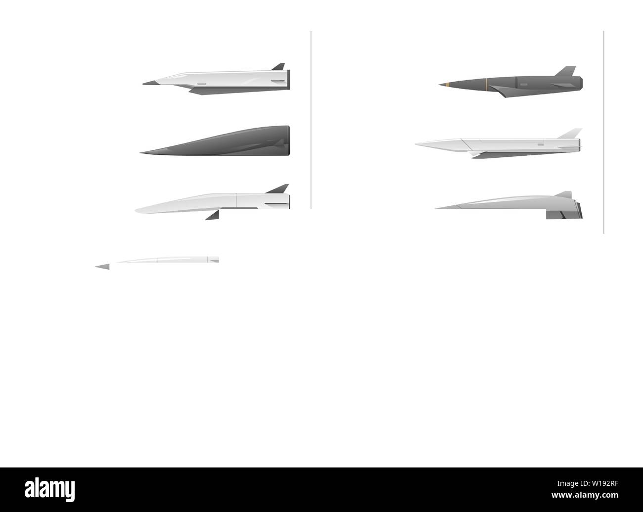 Set di razzi ipersonici hanno diverse forme e colori sono isolati su uno sfondo bianco. Il concetto è un razzo armamento. Illustrazione Vettoriale