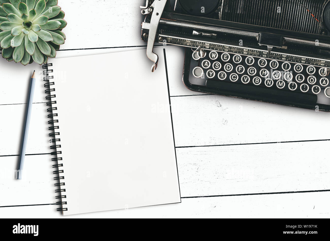 Vista superiore della macchina da scrivere vintage, vuoto il blocco note e matita e piante succulente sul bianco rustico scrivania in legno Foto Stock