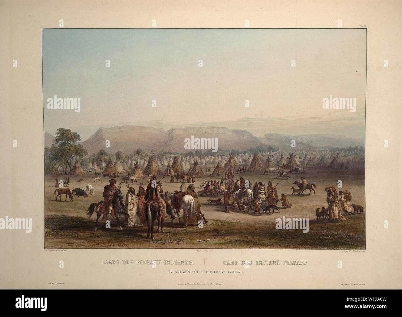 Accampamento del Piekann indiani, Karl Bodmer acquatinta da viaggi all'interno del Nord America, Voyage dans l'intérieur de l'Amérique du Nord Foto Stock