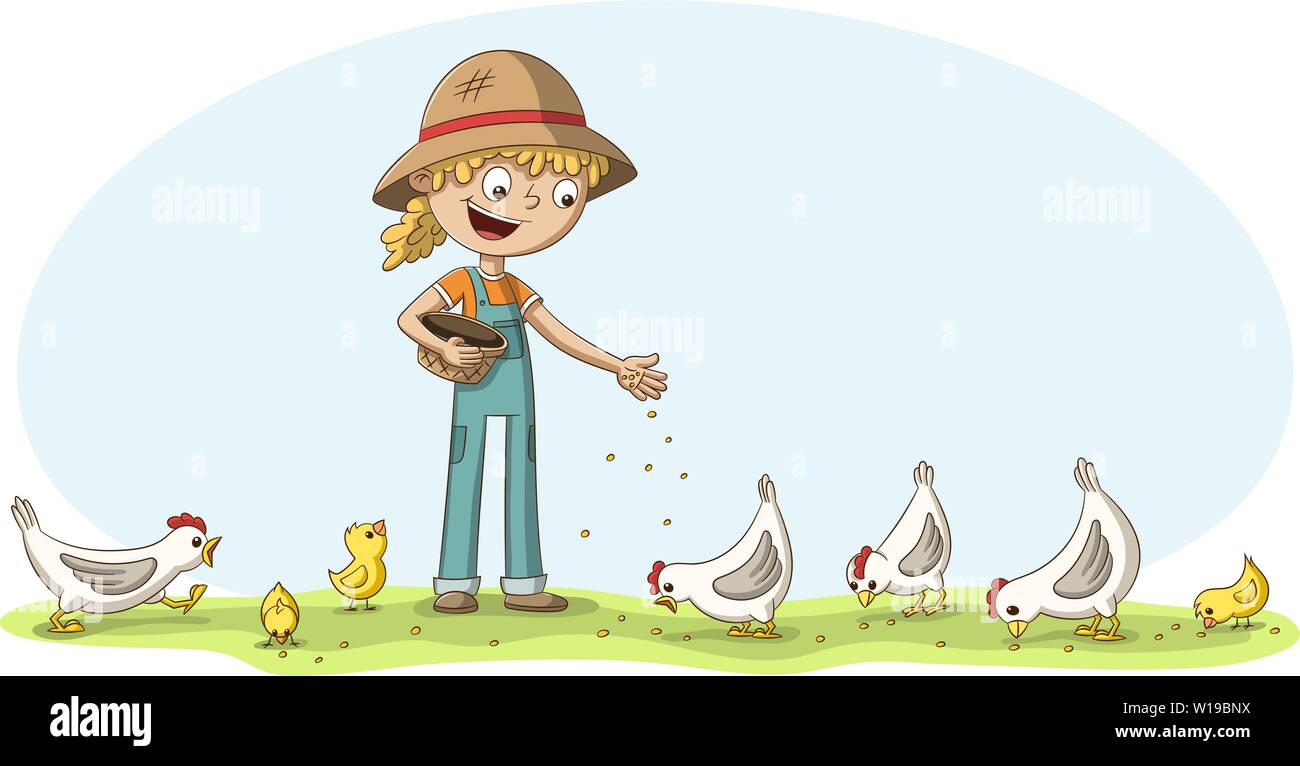 Bambina alimenta alcuni polli e pulcini. Personaggio dei fumetti illustrazione. Illustrazione Vettoriale