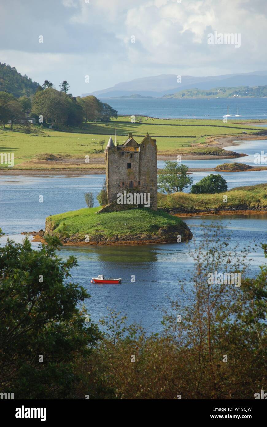 Castle Stalker, Loch latch, Scozia, visto dal di sopra Foto Stock