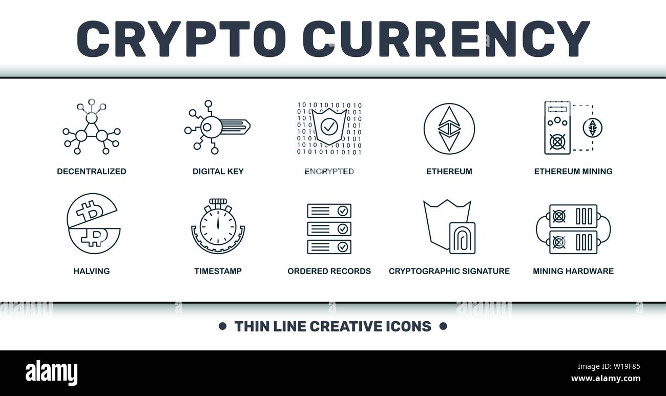 Crypto Currency Icons raccolta di set di linee sottili. Include elementi creativi come decentralizzati, chiave digitale, cifrati, etereo, etereo mining Illustrazione Vettoriale