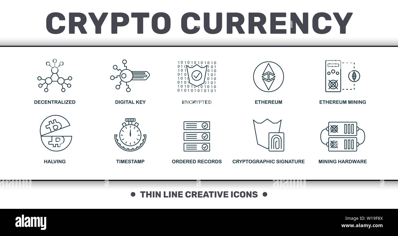 Crypto Currency Icons raccolta di set di linee sottili. Include elementi creativi come decentralizzati, chiave digitale, cifrati, etereo, etereo mining Foto Stock