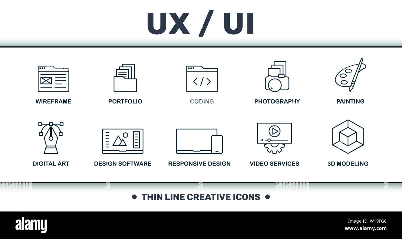 Design e interfaccia utente Ux impostare raccolta di icone. Include elementi semplici come ad esempio Wireframe, Portfolio, codifica, fotografia, pittura, progettazione software e Illustrazione Vettoriale