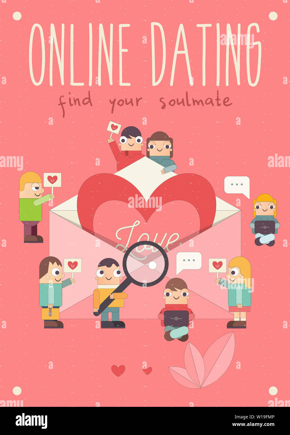 Online Dating concetto. Cartoon carino persone amore invia i messaggi di posta elettronica tramite cellulare gadget. Idea di Internet o rapporto in remoto. Grande cuore in busta Foto Stock