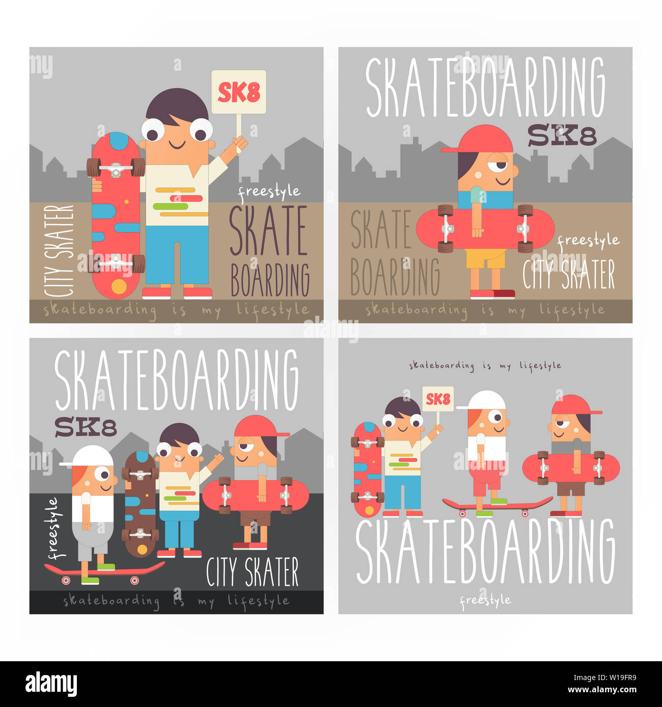 Poster per la corsa su skateboard Set - gruppo di giovani Skaters in allenamento. Il pattinaggio nel parco. Skateboarders con skateboard. Illustrazione Vettoriale. Design retrò. Fla Foto Stock