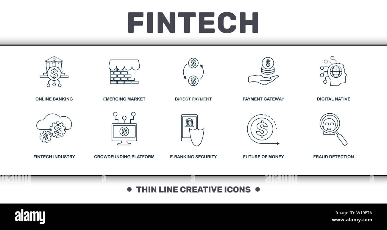 Set di Fintech raccolta di icone. Include elementi semplici come il banking online, mercato emergente, pagamento diretto, Digital Native, Piattaforma Crowdfunding Foto Stock