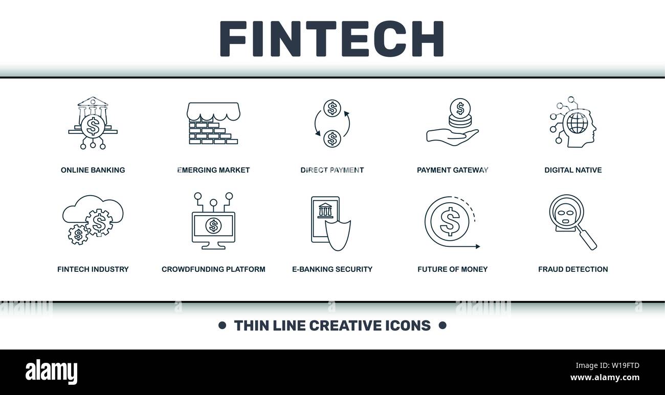 Set di Fintech raccolta di icone. Include elementi semplici come il banking online, mercato emergente, pagamento diretto, Digital Native, Piattaforma Crowdfunding Illustrazione Vettoriale