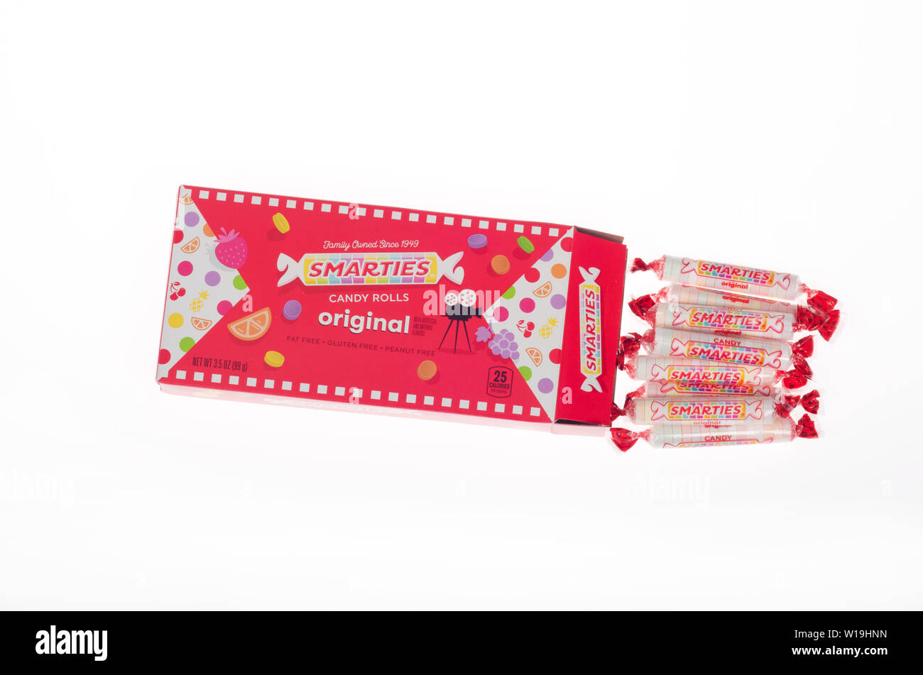 Smarties caramella scatola aperta, fabbricato da Ce De Candy company Foto Stock