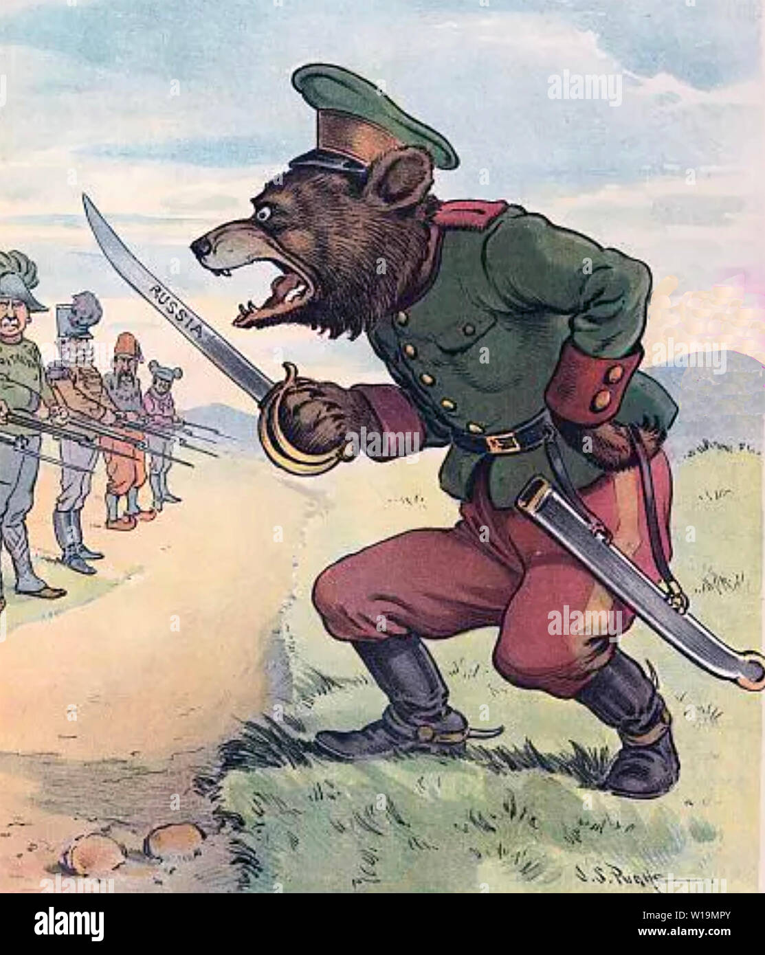 L'orso russo un cartoon 19021 dalla American satirical puck che mostra la Russia affrontare le potenze occidentali. Foto Stock