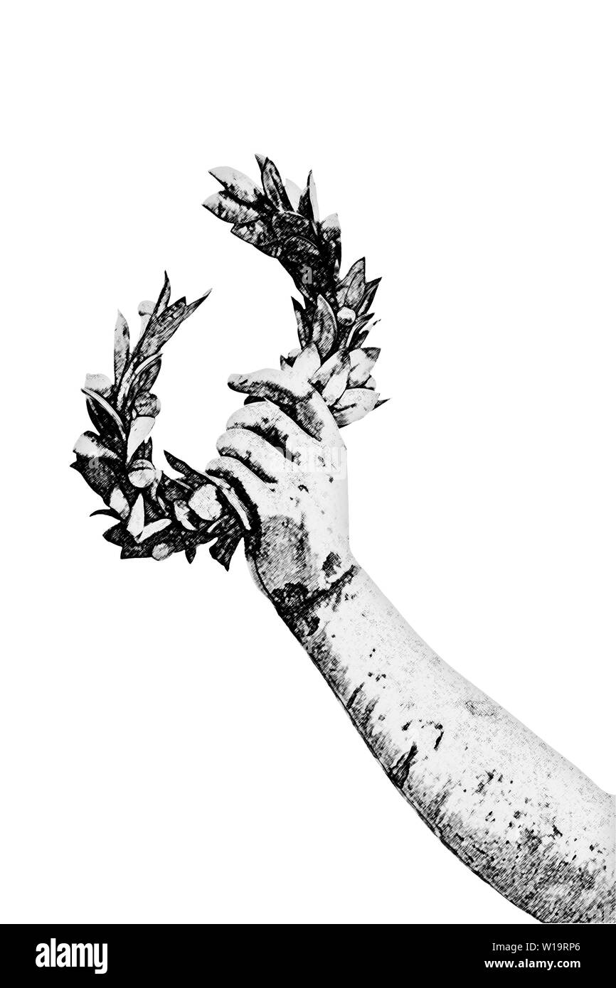 Corona di alloro a mano da una statua in bronzo su sfondo cielo - Arte tonica immagine con effetto pennellate Foto Stock