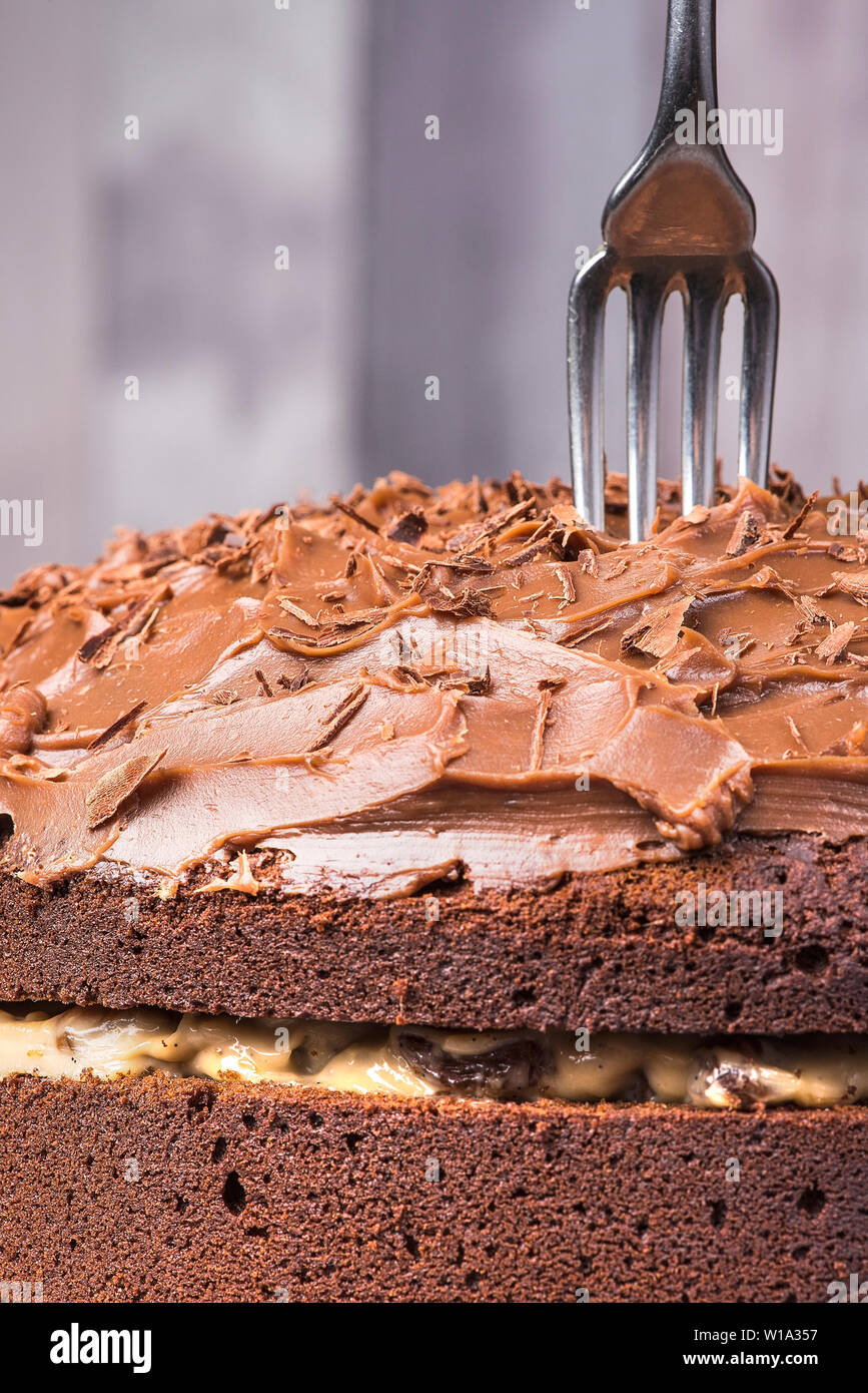 Iced torta al cioccolato con mascarpone e uva passa il riempimento con una forcella bloccata nella parte superiore della torta Foto Stock