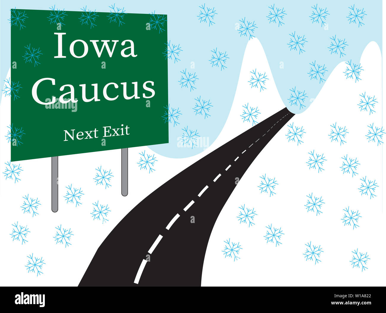 Illustrato il piano stradale con uscita verde segno Iowa Caucus, prossima uscita nel testo bianco grafica sulla coperta di neve collina. Foto Stock