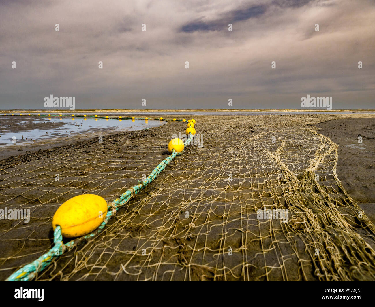 Pescate svolto presso la spiaggia in attesa di alta marea Foto Stock