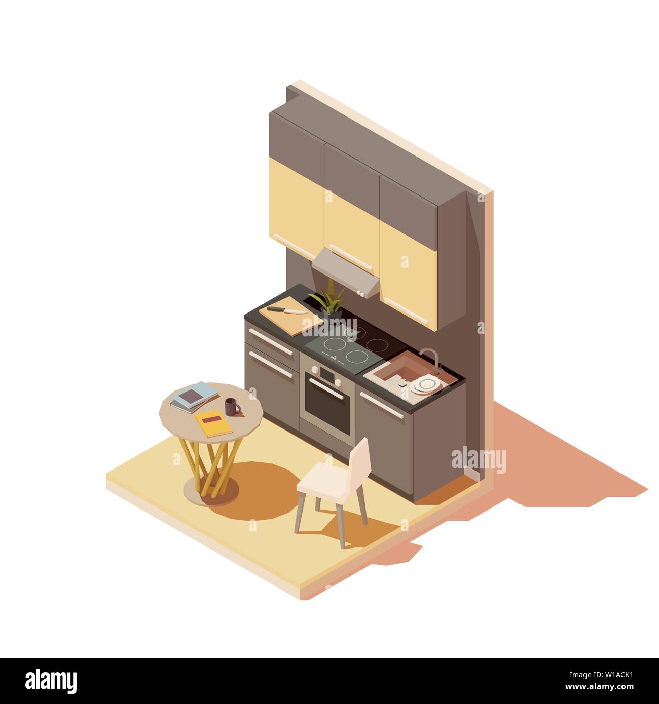 Vettore cucina isometrica interno sezione con isola Illustrazione Vettoriale