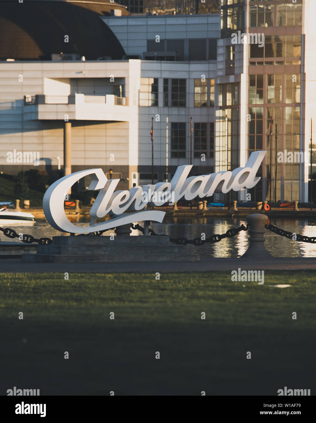 Cleveland segno Script Voinovich Park Foto Stock