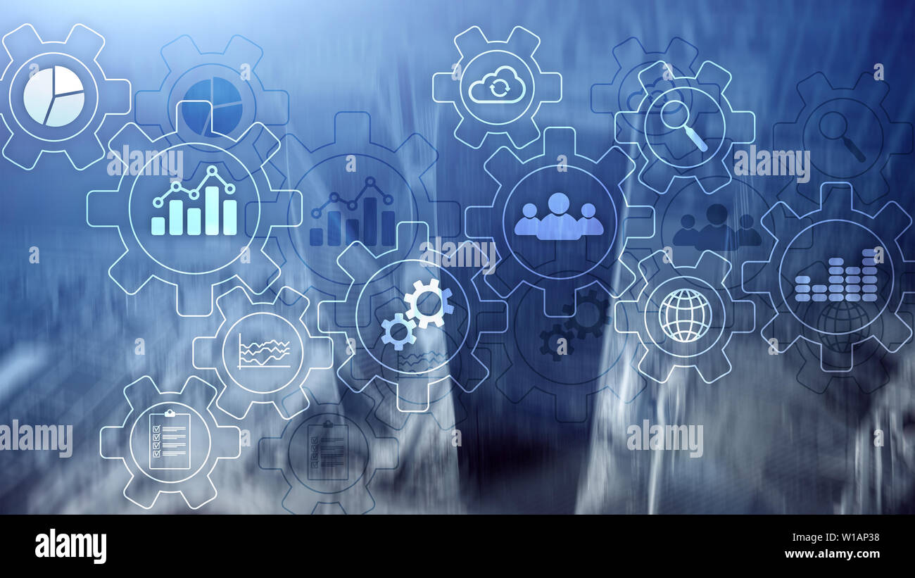 Processo aziendale schema astratto con gli ingranaggi e le icone. Il flusso di lavoro e automazione il concetto di tecnologia. Foto Stock