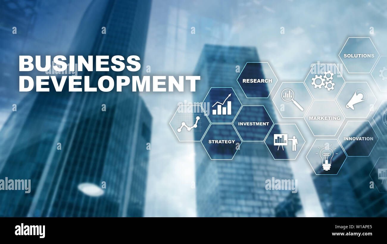 Business Startup per lo sviluppo di statistiche di crescita. Piano finanziario Processo di sviluppo della strategia concetto grafico Foto Stock