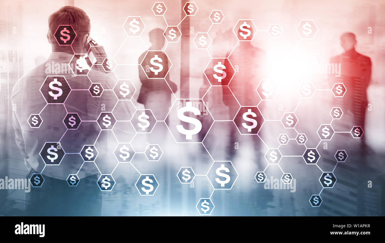 Icone di dollari, denaro la struttura di rete. ICO, commercio e investimenti. Crowdfunding. Foto Stock