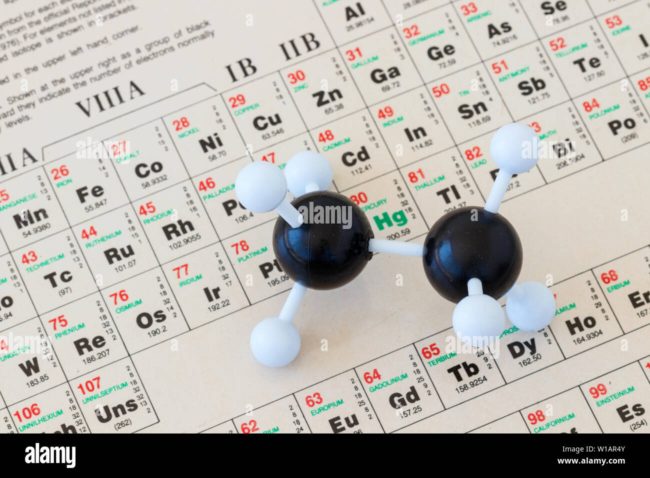 Tavola periodica degli elementi con un modello a sfera e bastone di plastica di una molecola di etano (C2H6). Foto Stock