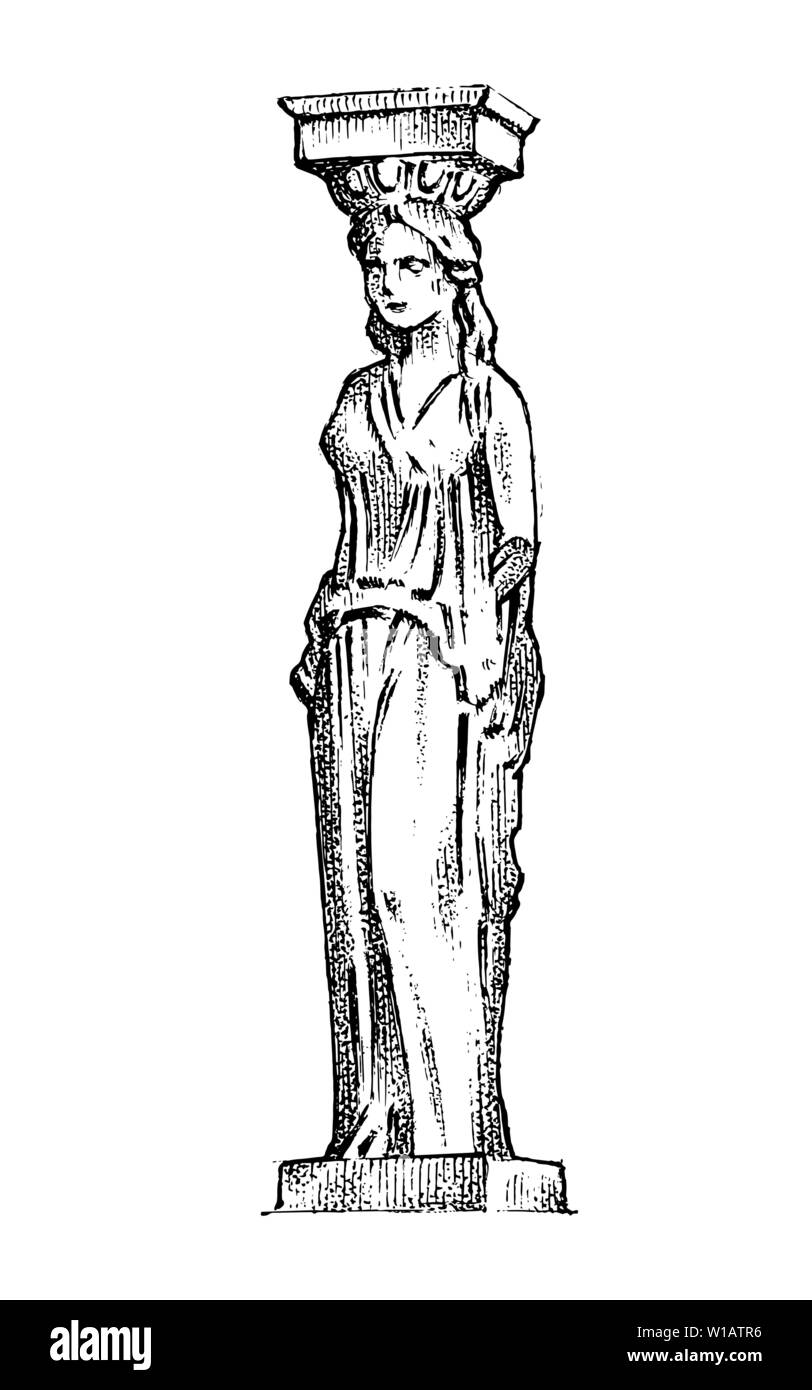 Colonna greca statua in Grecia. Donna in antico stile vecchio. Disegnato a mano vintage inciso schizzo per poster, un banner o un sito web. Illustrazione Vettoriale